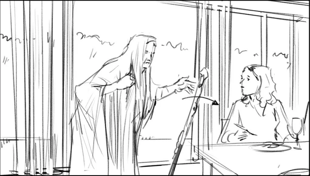  CUT…to  a PROFILE of the NAYSAYER approaching the table, like she’s in a theater play.   Which would take place… 