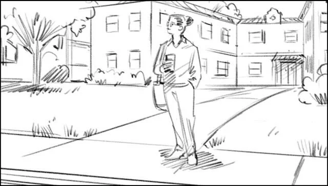  A WOMAN standing on the curb in front of her APARTMENT COMPLEX. She’s sipping a coffee. A work bag hangs off her shoulder. 