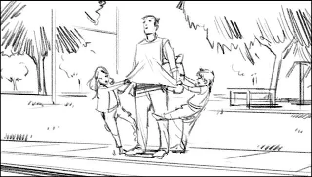  A DAD and his misbehaving kids—a DAUGHTER (9) and SON (8)—are standing on a curb outside a park/rec center. 