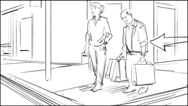  An OLDER COUPLE on a quaint SHOPPING STREET. The HUSBAND is carrying a few overflowing BAGS. He takes a step and sets them DOWN. 