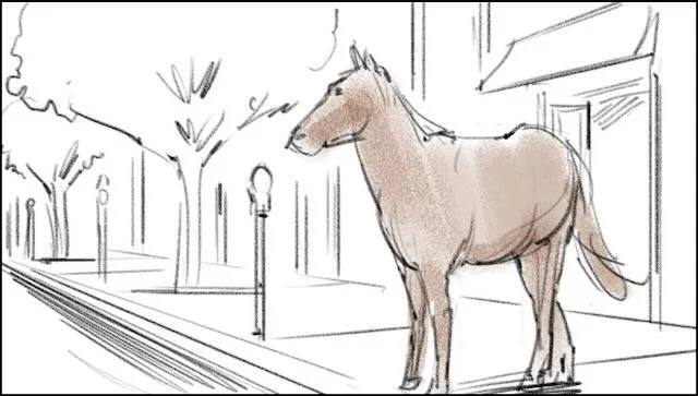  Open on a HORSE, standing on a curb in an URBAN ENVIRONMENT. Like all of us, it needs to get somewhere. 