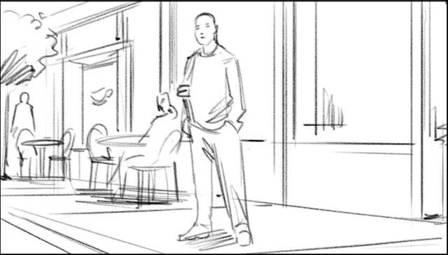  A GUY, standing in front of the outdoor seating area of a COFFEE SHOP. He TURNS as his FRIEND walks up. 