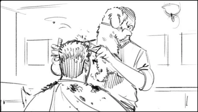  NEITHER can the BARBER, who has a SMALL DOG HUGGING HIS FACE, affectionately. And as we see this taking place, a VO lets us know that…   VO: “Andre uses Greenies dental treats daily to help with his dog’s bad breath…”    