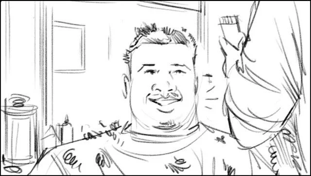  …revealing the SMILING CUSTOMER, who is blissfully unaware of the horror show that’s visited his hair…   Customer: “I can’t wait to see.”  