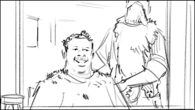  …as the BARBER TURNS the SMILING CUSTOMER to FACE THE MIRROR. 
