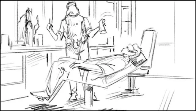  CUT…to him next to ANOTHER CUSTOMER, who’s leaned back with EYE CUPS and SHAVING CREAM on his face.   Barber: “…are we ready for our shave?”   The CUSTOMER raises TWO enthusiastic THUMBS. 