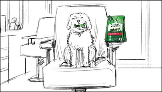  CUT…to the END TREATMENT, where the DOG is in a BARBER’S CHAIR, enjoying his GREENIES DENTAL TREAT beside a BAG of GREENIES, as SUPERS and the VO inform us…   Super/VO: Fresh Breath. Zero Boundaries.                               Super/VO: Greenies.