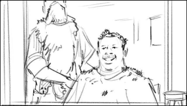  …as the BARBER TURNS the SMILING CUSTOMER to FACE THE MIRROR. 