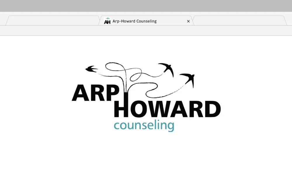 Arp howard counseling PROJECT: This logo was inspired by the client's concept about clarity coming out of chaos, and the family as being like birds in a nest. The bird imagery was derived from the swifts coming out of the chimney at Chapman School in Portland. The color blue used for "counseling" suggests the sky, and is a calming color. Both the color and imagery help the logo fit into the field of counseling, and the typography and style keep it fresh and contemporary. The goal with the favicon was to keep it legible at a small scale, but still incorporate the most important elements from the logo-lockup. 