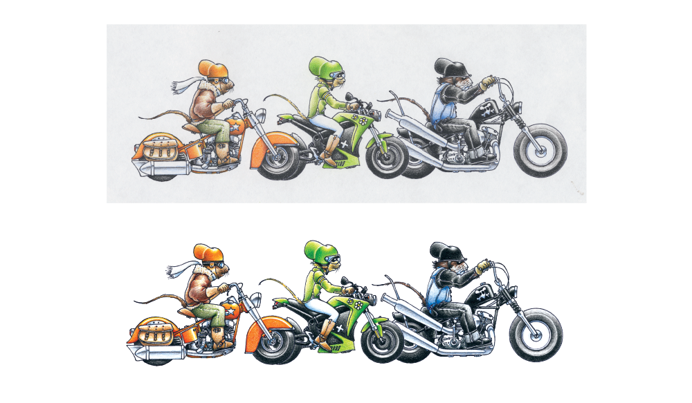 Top: Raw illustration provided by author/illustrator. Bottom: Artwork with background erased in Photoshop, and color corrected to match interior art that was more saturated.