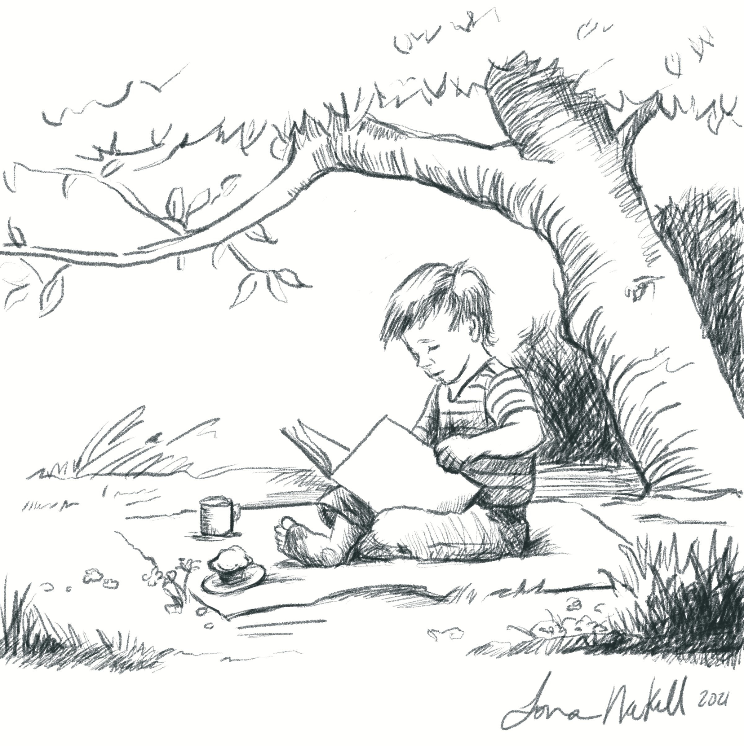 Nakell boy reading line drawing.PNG