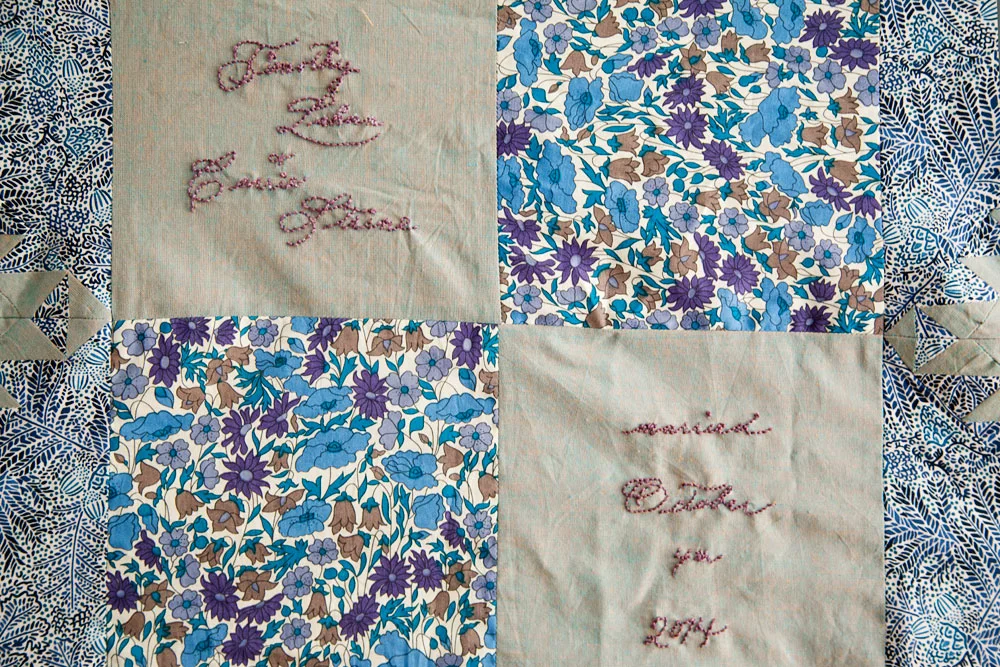 Wedding Signature Quilt (in progress October 2014), machine pieced and hand embroidered.