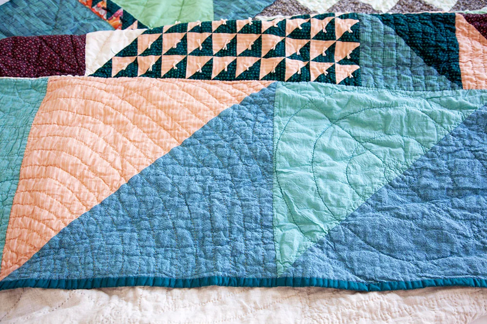 Carey’s Custom Quilt (detail) , machine pieced and hand quilted with grandmother’s bed linens. 2018