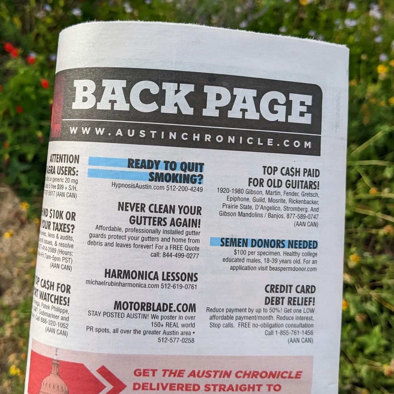 This back page really hits all the highlights of TX y'all 🤣 
I feel like every time I'm back home I see my fonts more. Apparently the @austinchronicle licensed the entire @hoeflerco catalogue?? Mostly Gotham Cond. &amp; Archer Ultra (which I hardly 