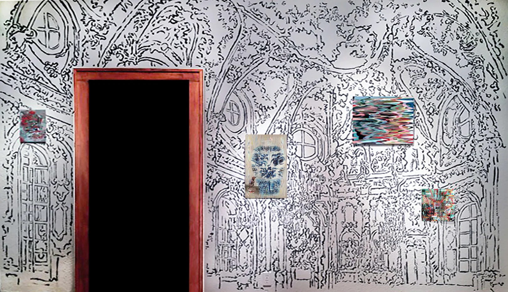   The Nymphenburg Palace , dimensions vary,&nbsp;Sumi ink drawing on wall with 3D lenticular print installation,&nbsp; Oklahoma City, OK,&nbsp;  2013.  