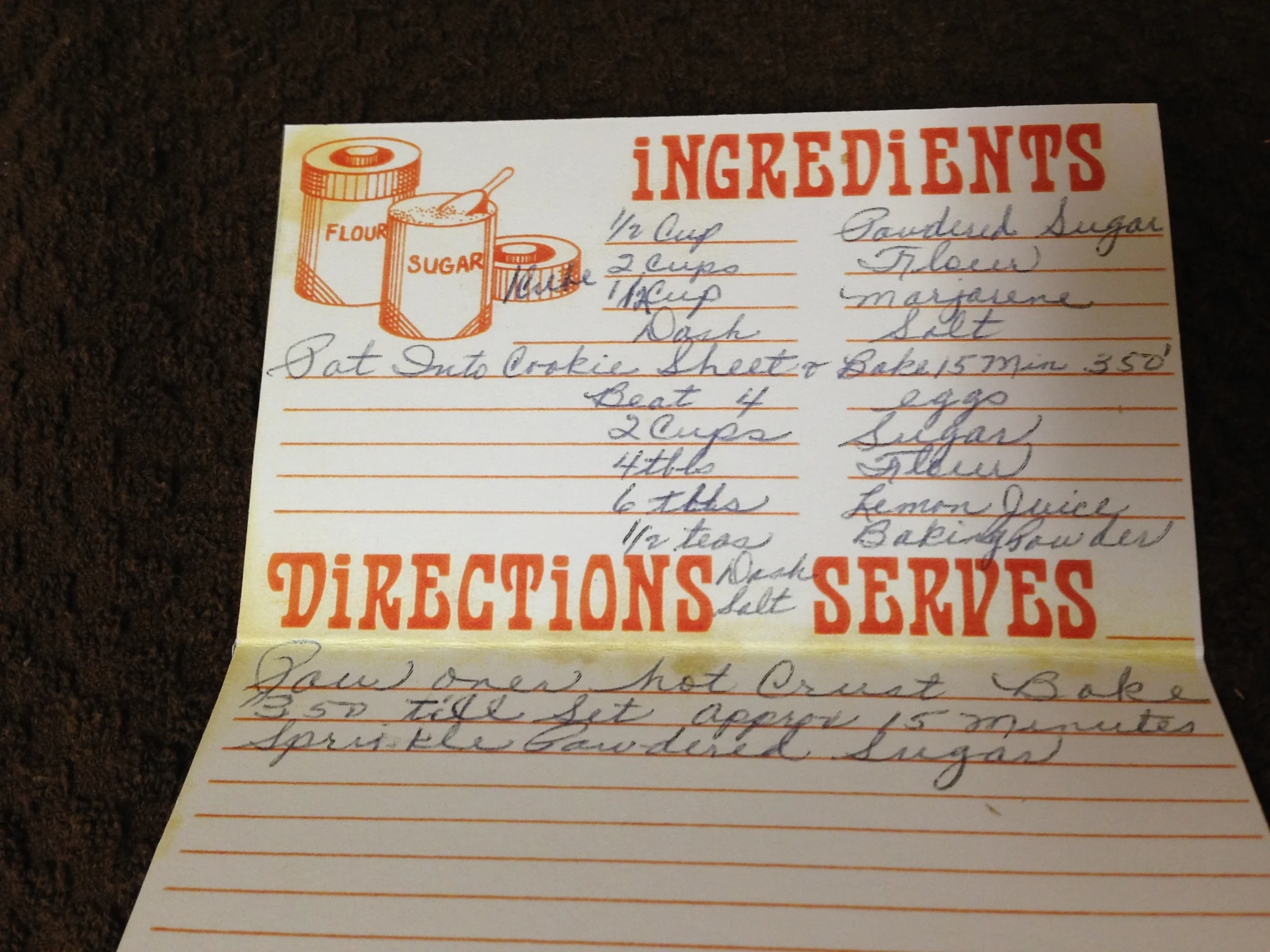 Since this experiment was so unsuccessful I'm going to leave off the recipe. I'll include it when I figure out what I did wrong. For now I'll simply share my replica of Noni's card. I love her writing and notes (1 cube of butter, or margarine, is 1/2 cup) and the stains from use. I wonder if she just knew not to use a cookie sheet.