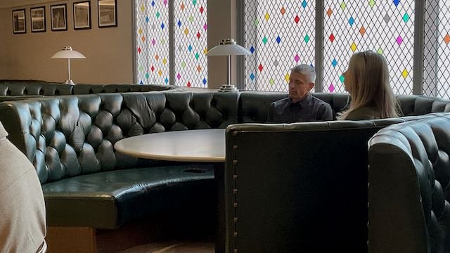RECOMMENDED LOCATION. Oh my, that booth! It's just...perfect for us. The way it's about to trap Paul between snob 1 and 2. The Radisson Hotel feel of it all.