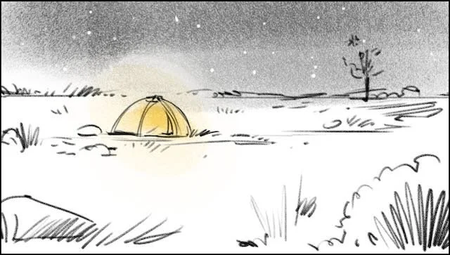  …transform into the AUSTRALIAN OUTBACK, to see JOSH asleep in his tent with a glowing lantern, to see CREEPY CRAWLERS stroll into the tent, to hear JOSH scream. 