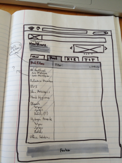Original sketch of faceted browsing feature for the Clorox Professional web site. The "?" signifies "we need to do some user research to find the right categories here."