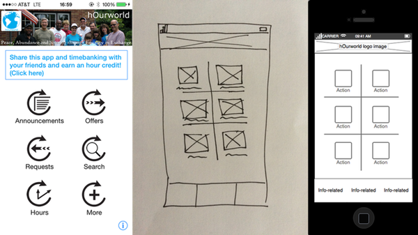 Existing app (left), initial sketch (center), Balsamiq (right)