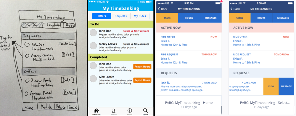 Revised sketch to test placement, taxonomy (left), initial prototype (Sketch), revised visual design showing action buttons (Sketch, with Stephanie Snipes)