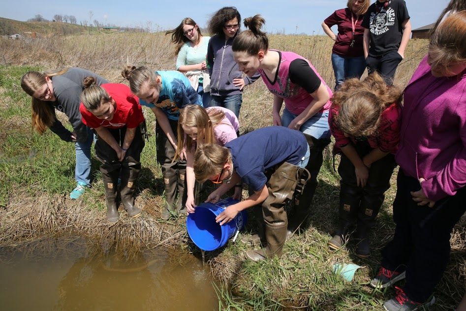 Students released the young fish into Wallen's Creek