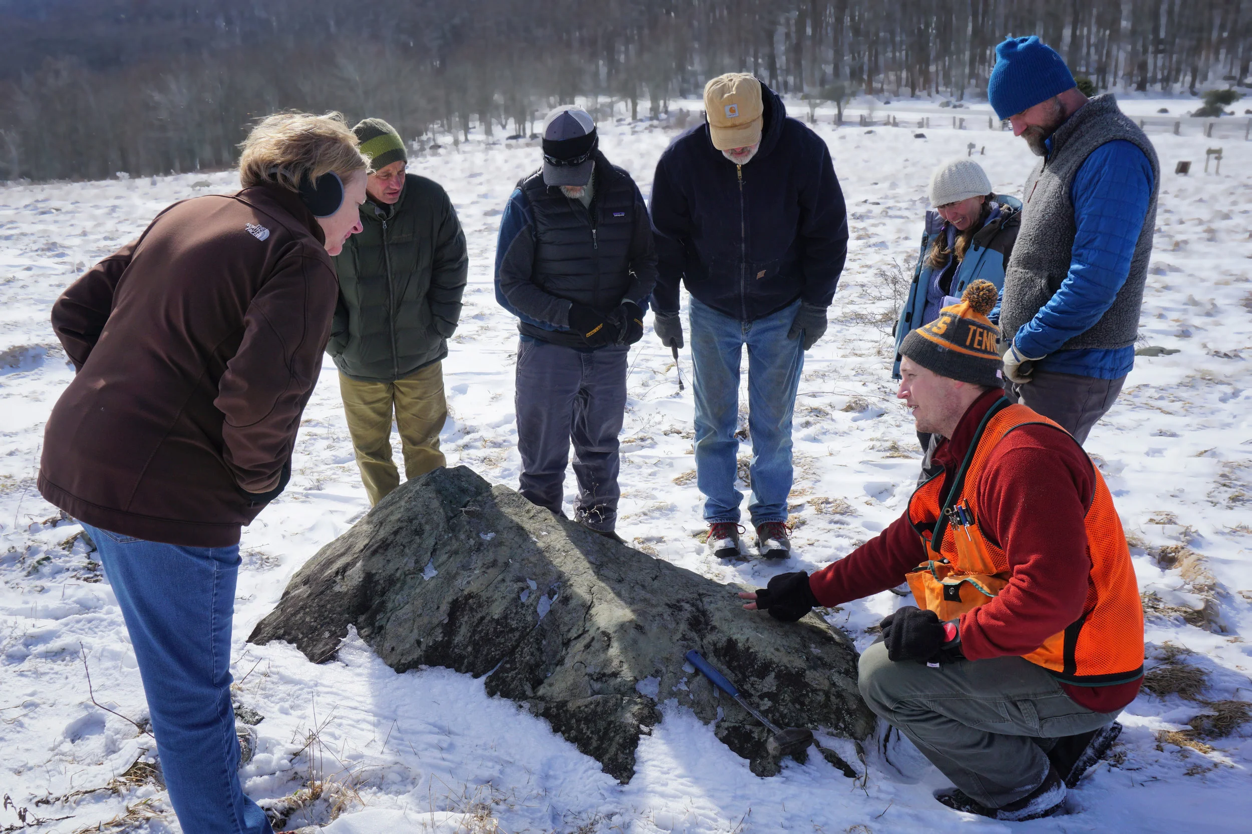 Geologist Dr. Arthur Merschat describes the greenstone at Elk Garden.