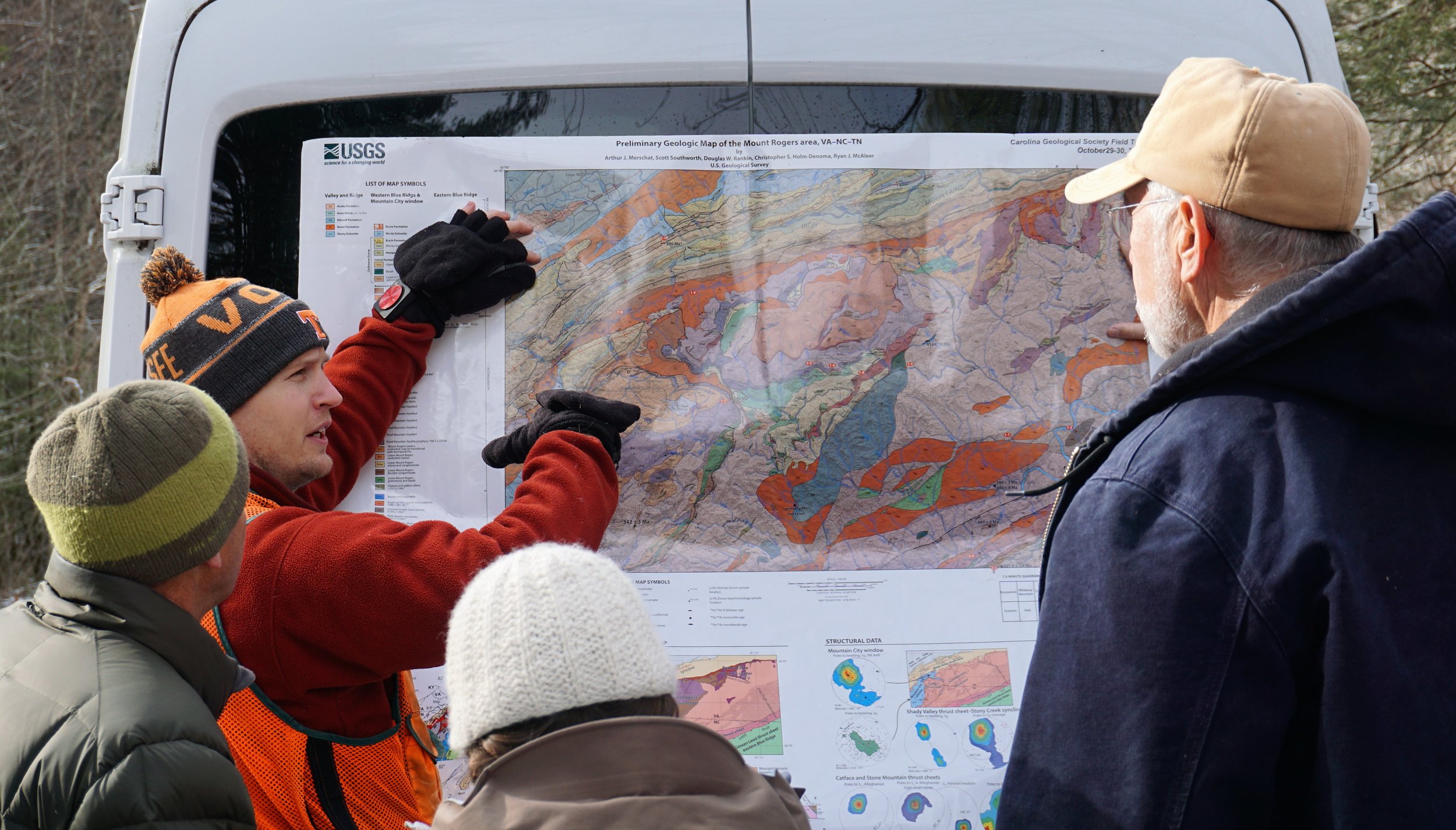 Arthur Merschat explaining our geological history on the USGS Geologic Map of Mt. Rogers Area (Merschat et. al., 2016).