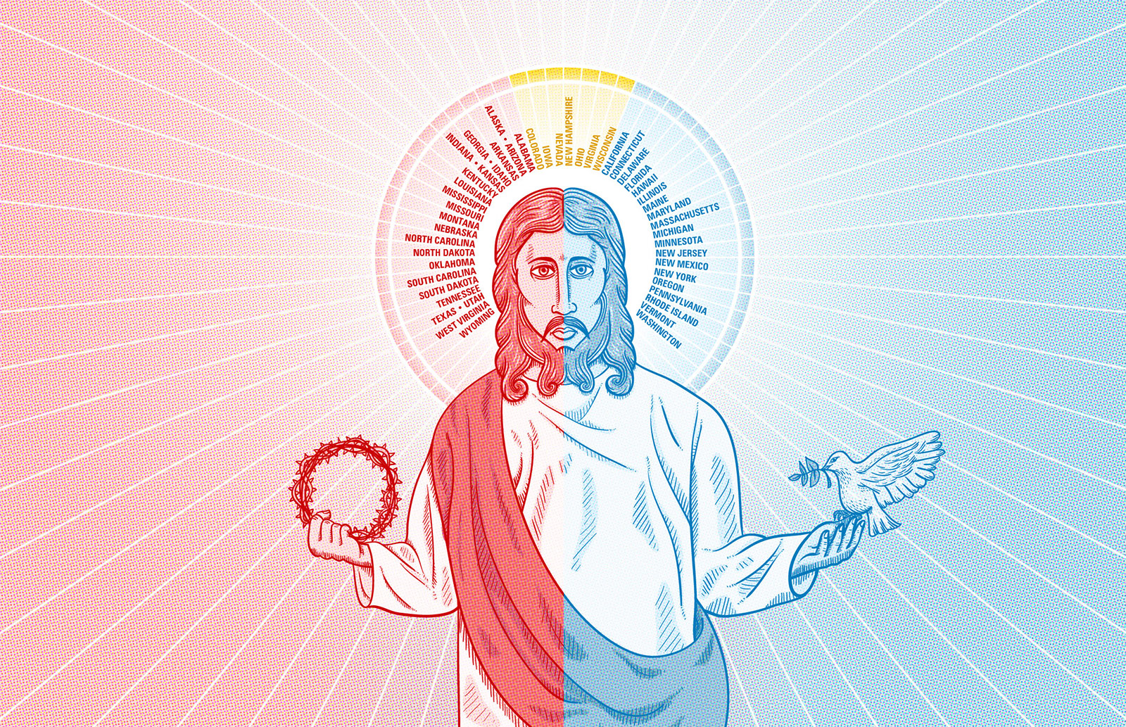 Red State/Blue State Jesus — Illustration for a CNN article about how popular conceptions of Jesus differ in red states and blue states . C opyright © 2012 Cable News Network. Turner Broadcasting System, Inc. All rights reserved.
