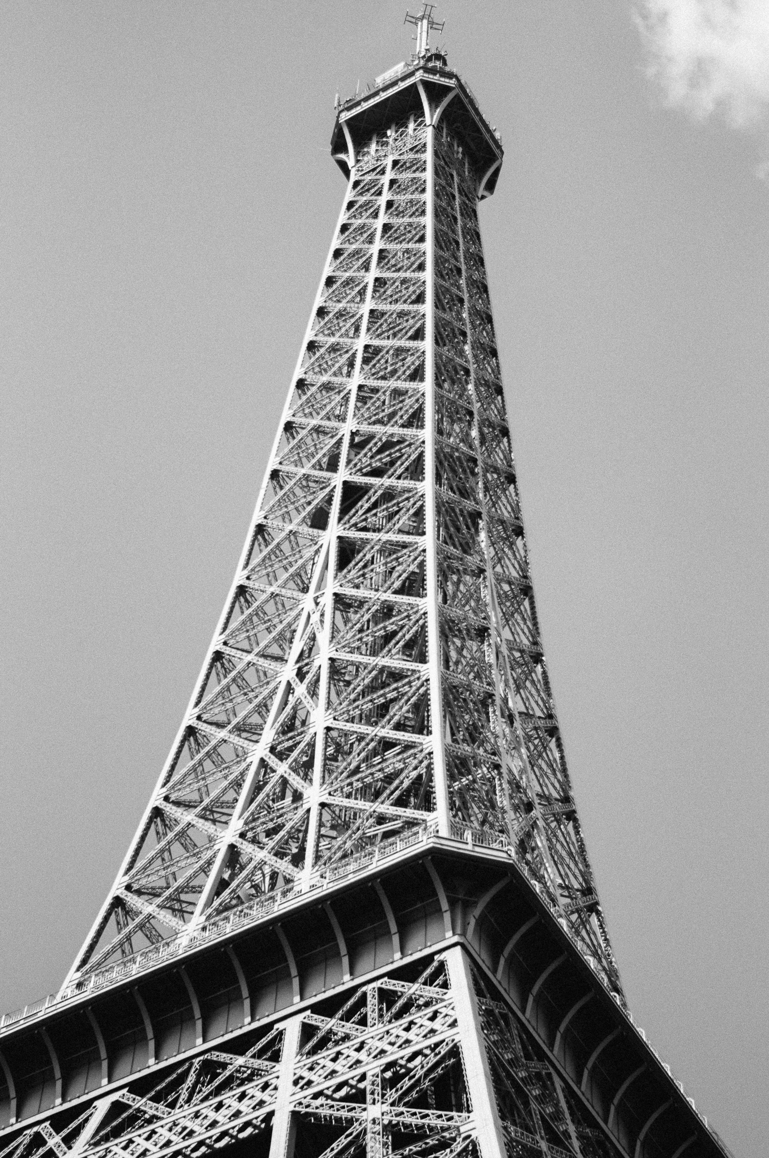 View from the base of the Eiffel Tower in Paris, France.