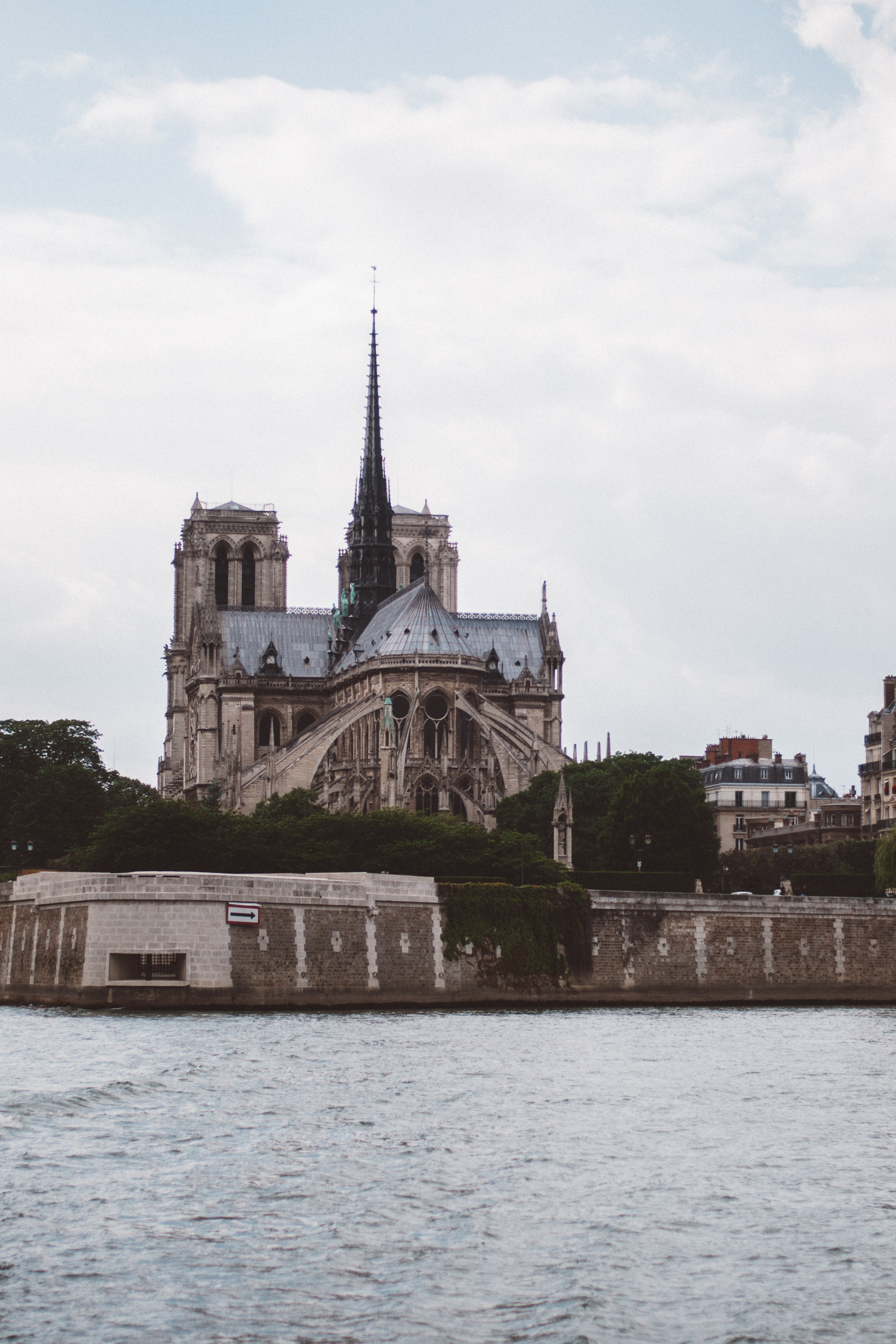 View of Notre Dame from the Seine River in Paris, France.