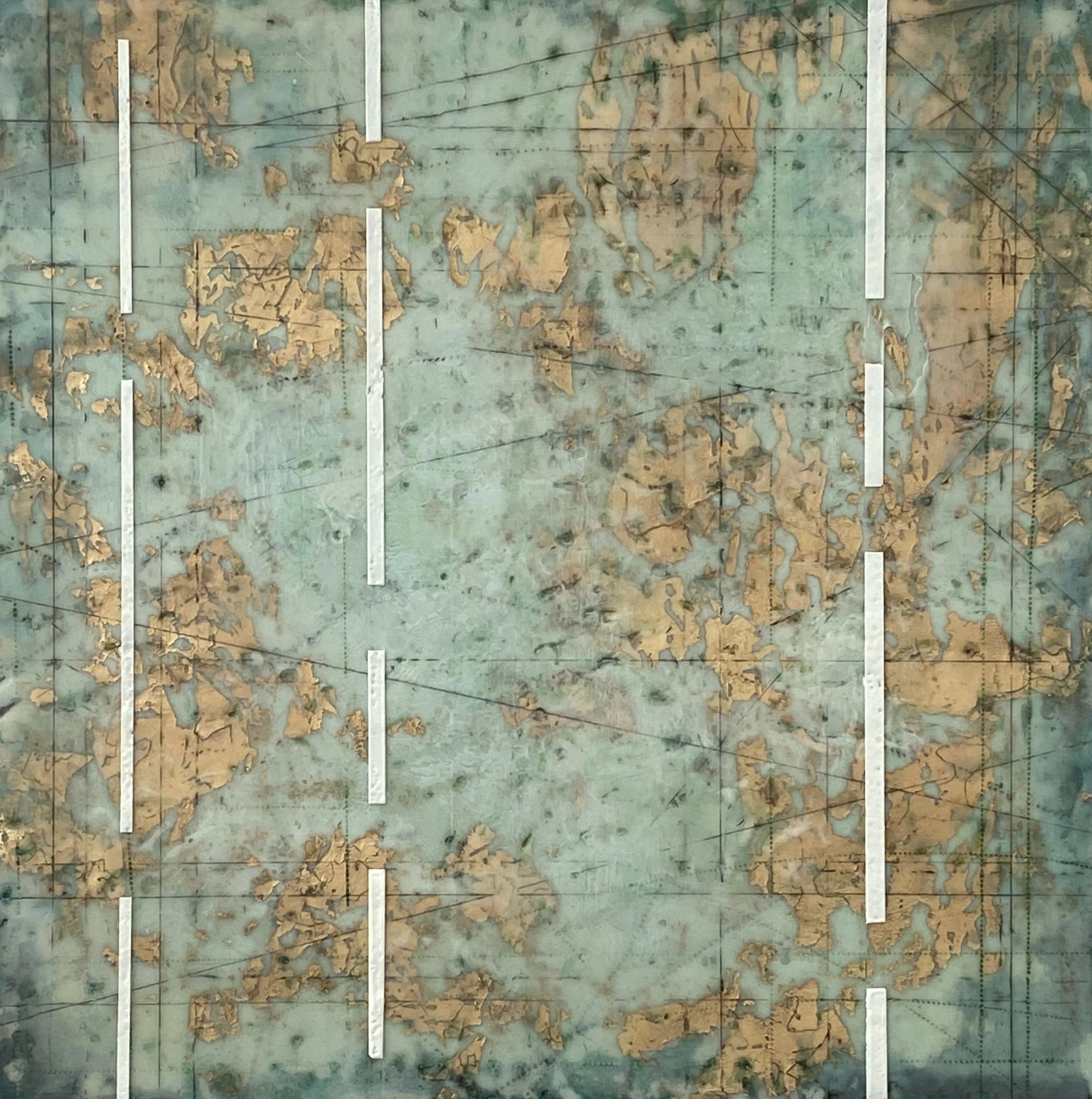 Meridian Lines, encaustic, metal leaf on panel, 16x16"