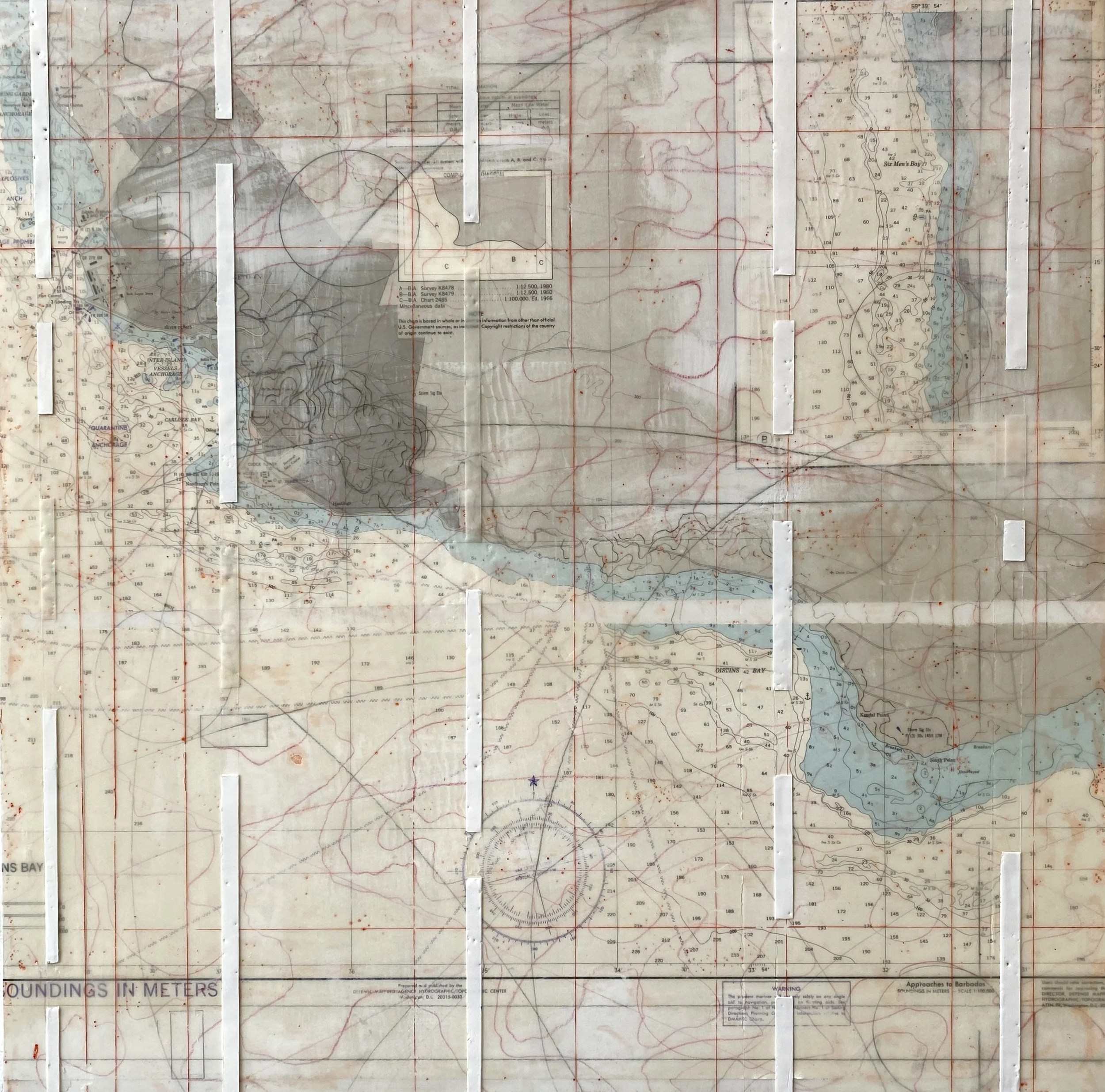 Soundings, nautical map, pigment, encaustic on panel, 24x24"