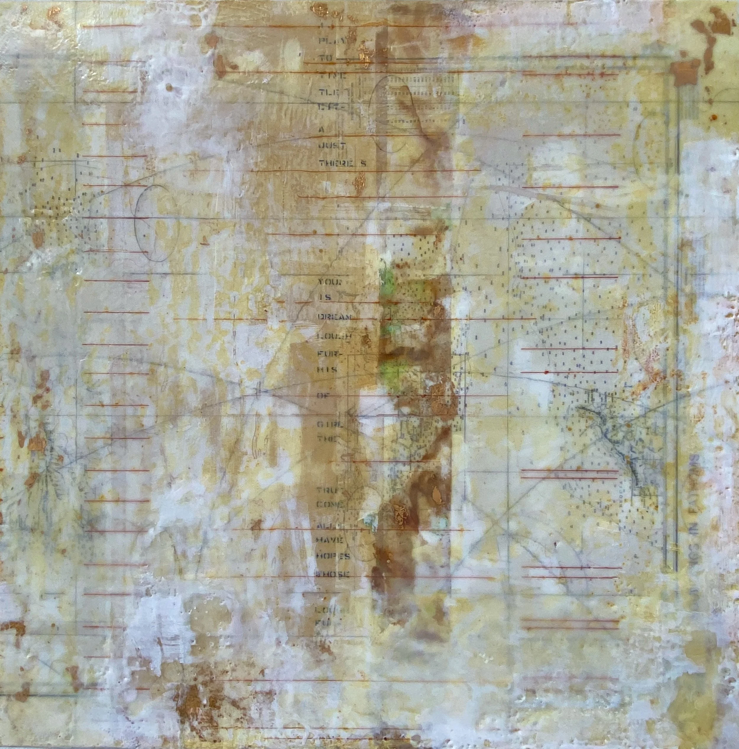 Waxing Nostalgic, 24x24", nautical maps, gold leaf, piano player roll, encaustic and pigment on panel