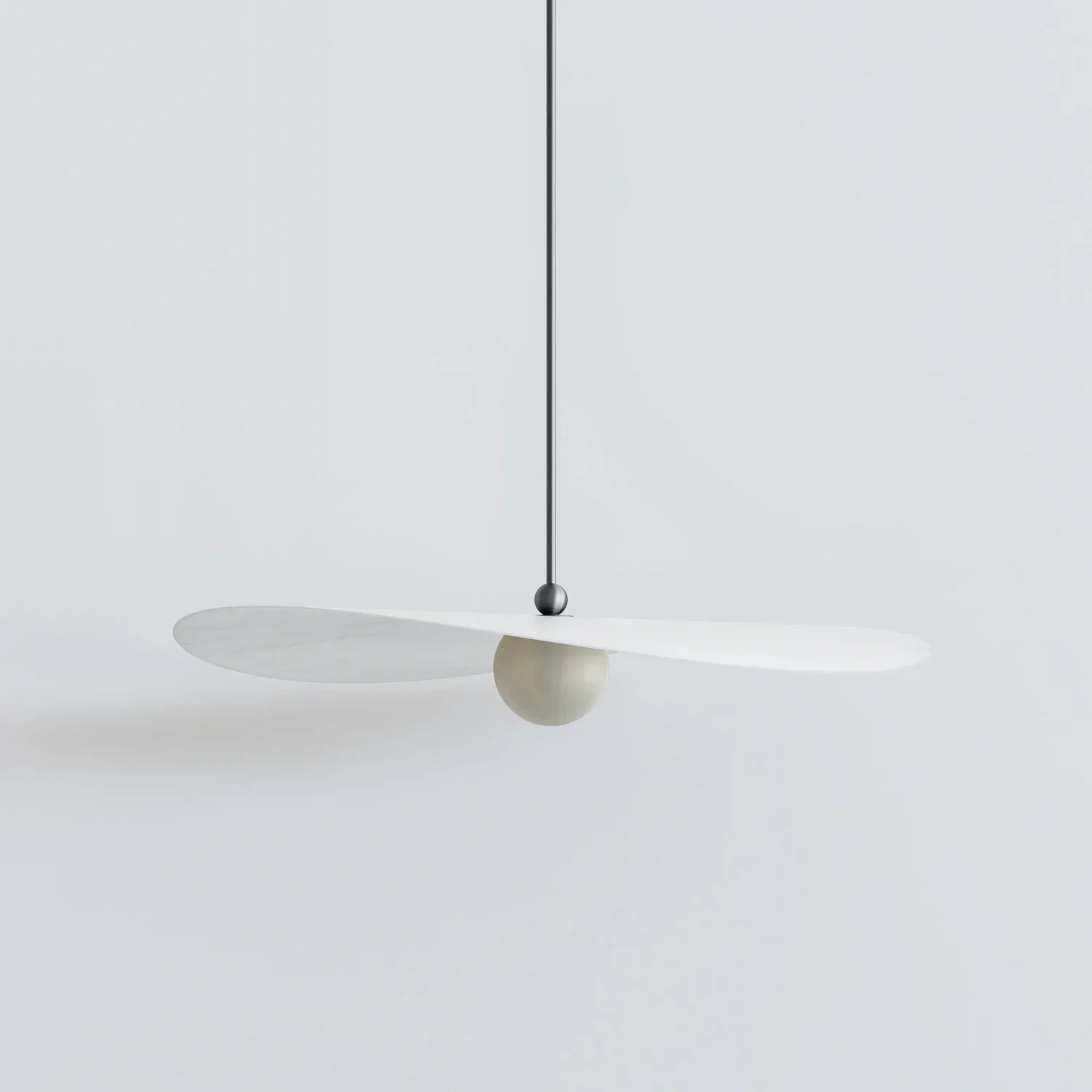 Myrna pendant in marbled white glass shade with blackened metal hardware.