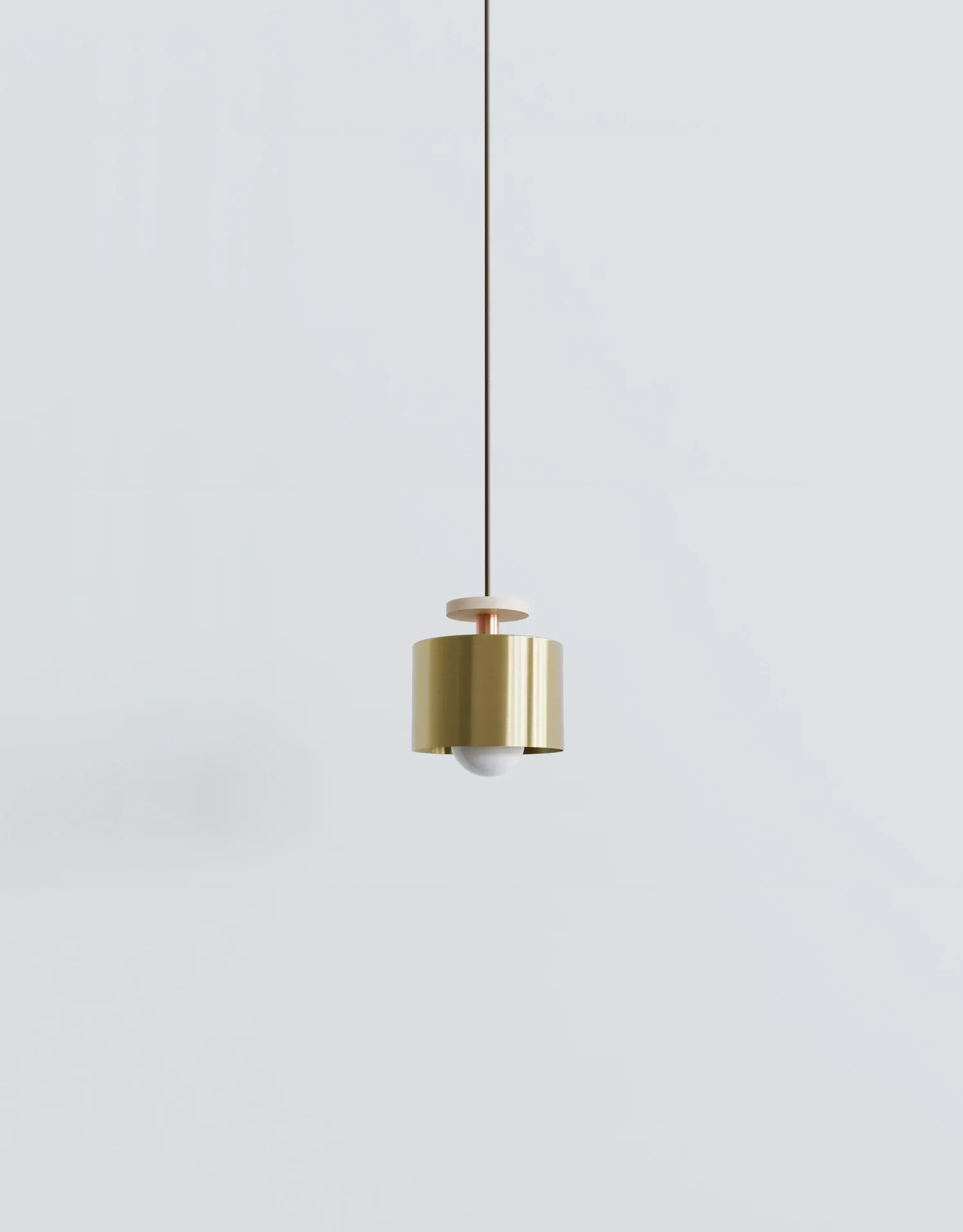 SPun Pendant in Brushed brass metal shade, wood beads and brass stem cord.
