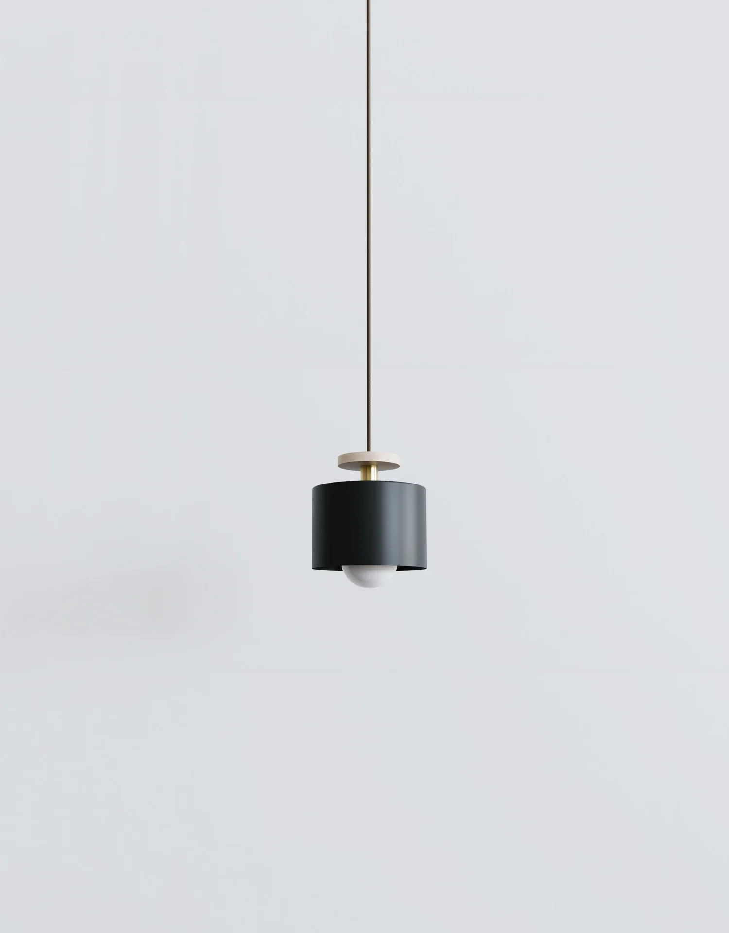 Spun Pendant in Matte black powdercoat metal shade, wood beads and brass stem cord.