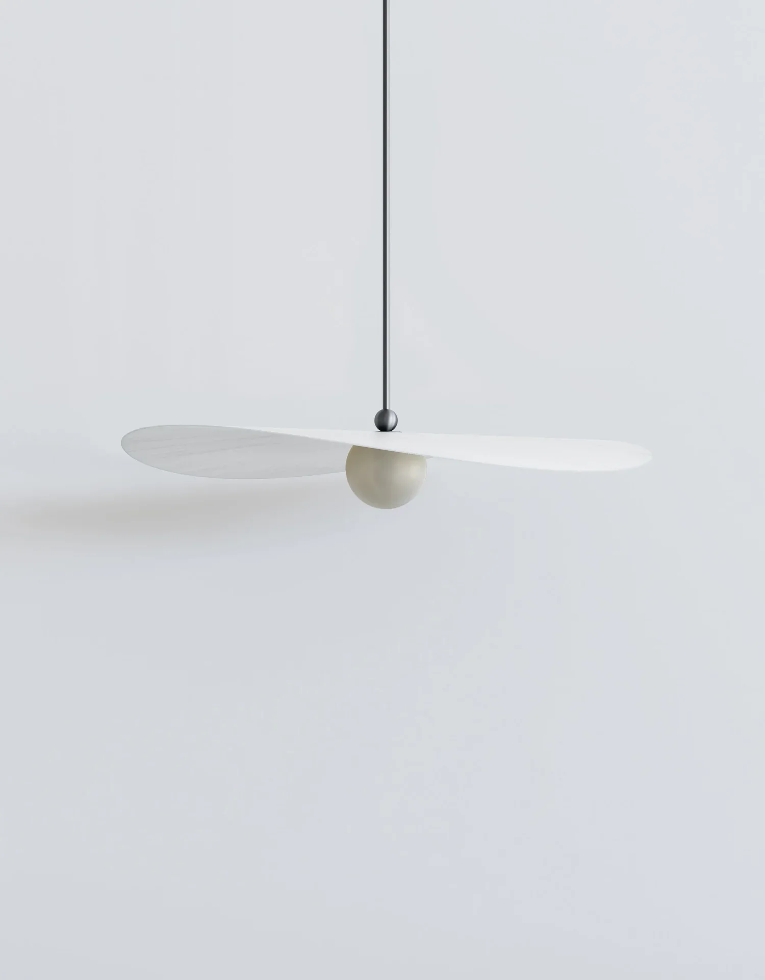 Myrna Pendant in medium size marbled white glass shade and blackened metal hardware.