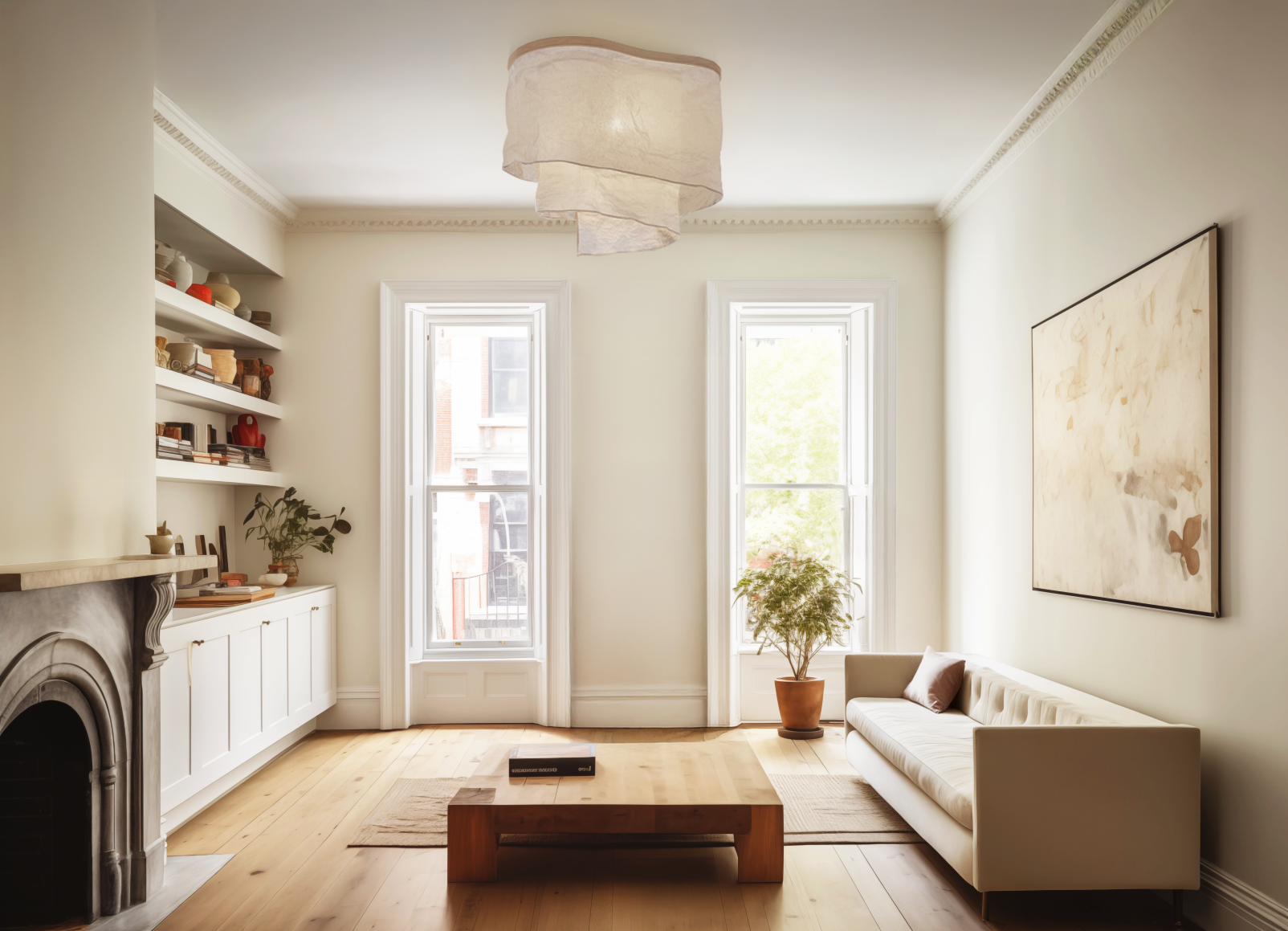 Altostratus Surface mount in ash wood frame and crushed silk fabric shade installed in a living room.
