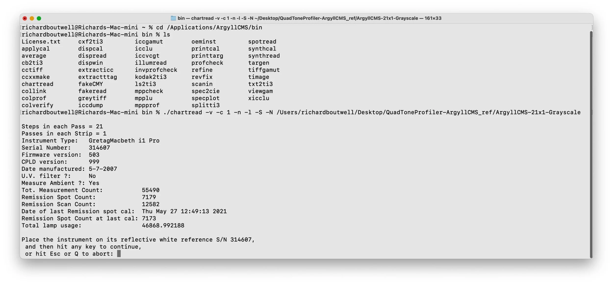Using ArgyllCMS to measure grayscale step wedge targets