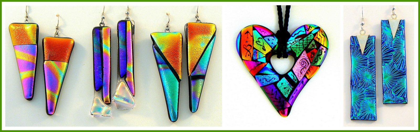 DICHROIC GEOMETRIC Earrings, ZENTANGLE HEART Pendant and DANGLIE Earrings