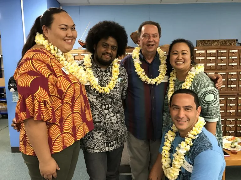 Members of the Institute of Hawaiian Language Research and Translation. From left: Paige Okamura, Kilika Bennett, Puakea Nogelmeier, ‘Anoi‘lani Aga, Kamealoha Forrest. Photo by Burt Lum