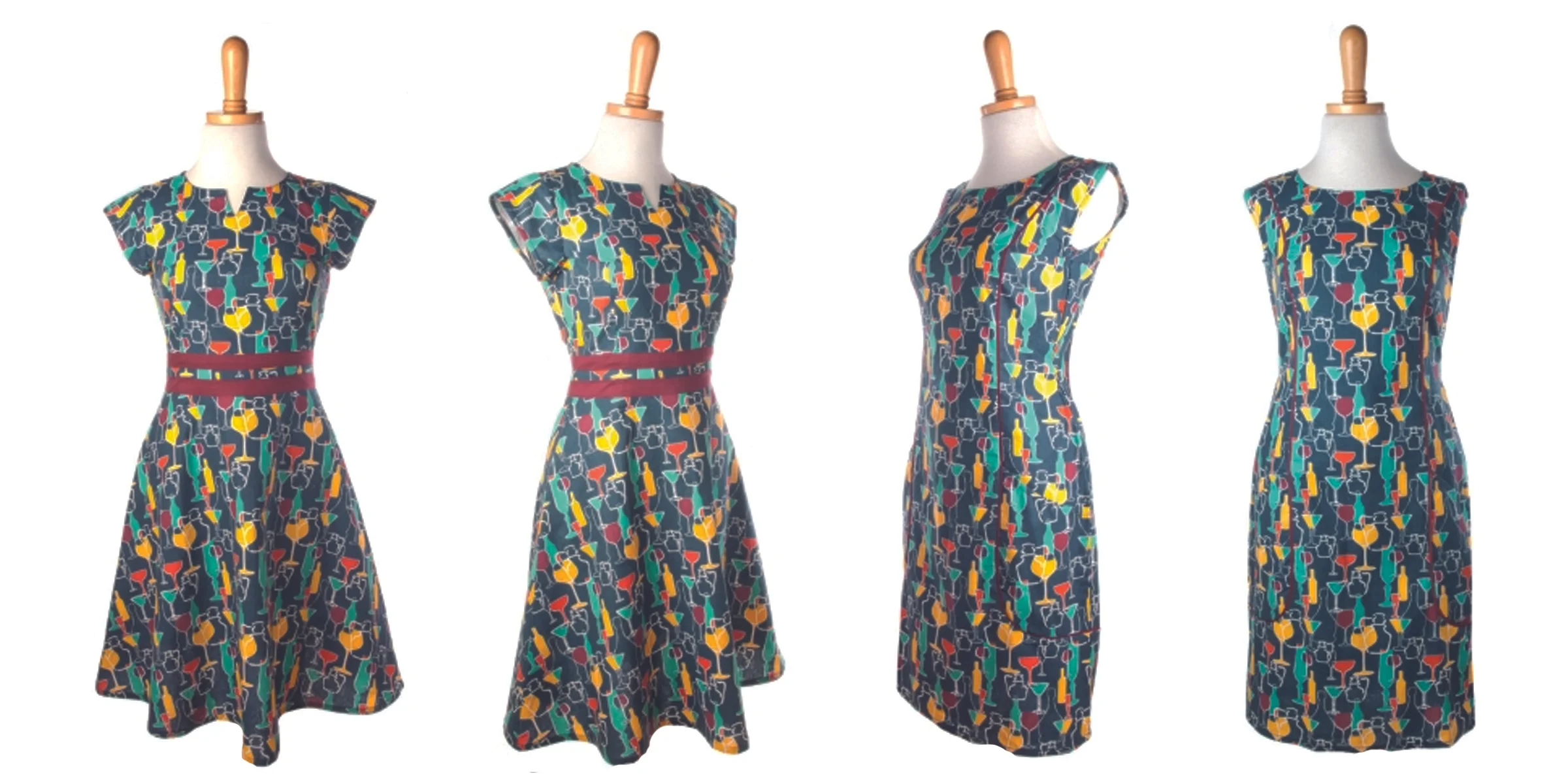 Left: First Dance Dress. Right: Starling Pockets Dress. Textile design by Shifra Whiteman.