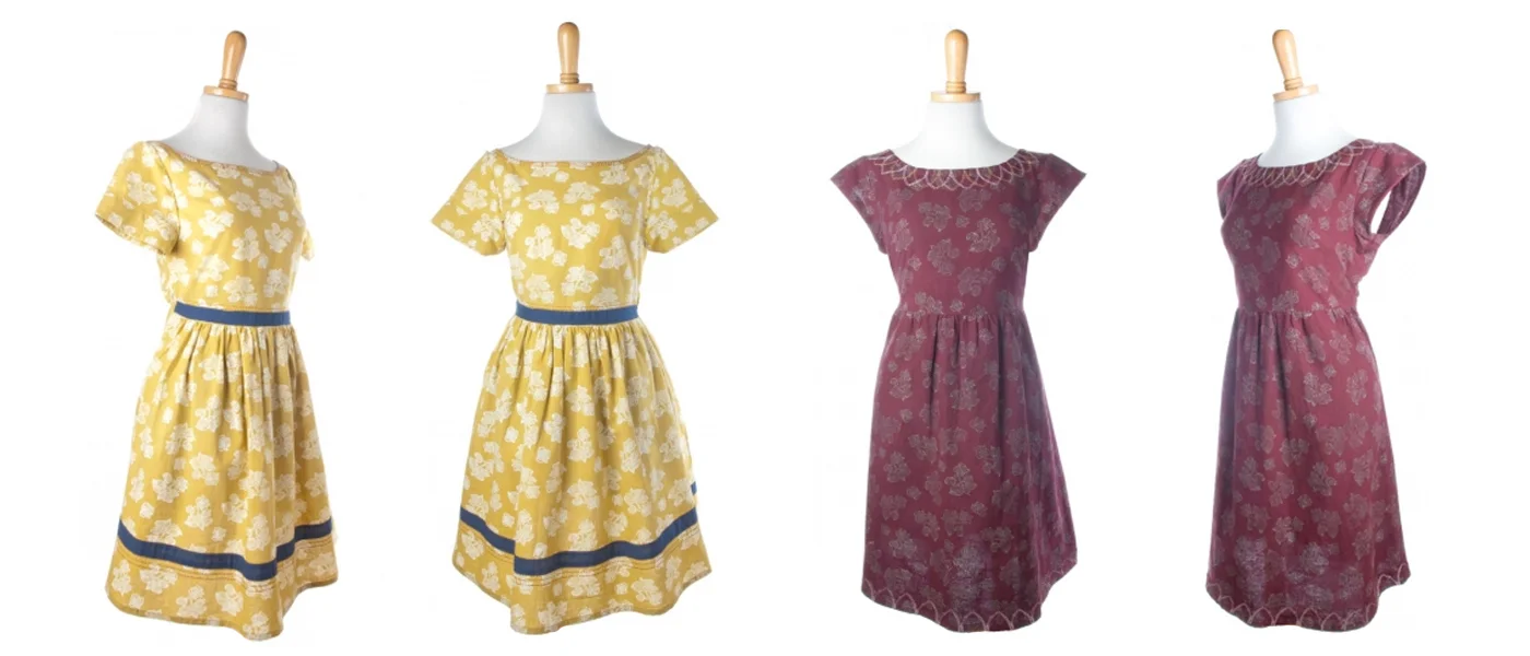 Left: Moonrise Dress RIght: Eternal Petal Dress from Mata Traders . Textile design by Shifra Whiteman.