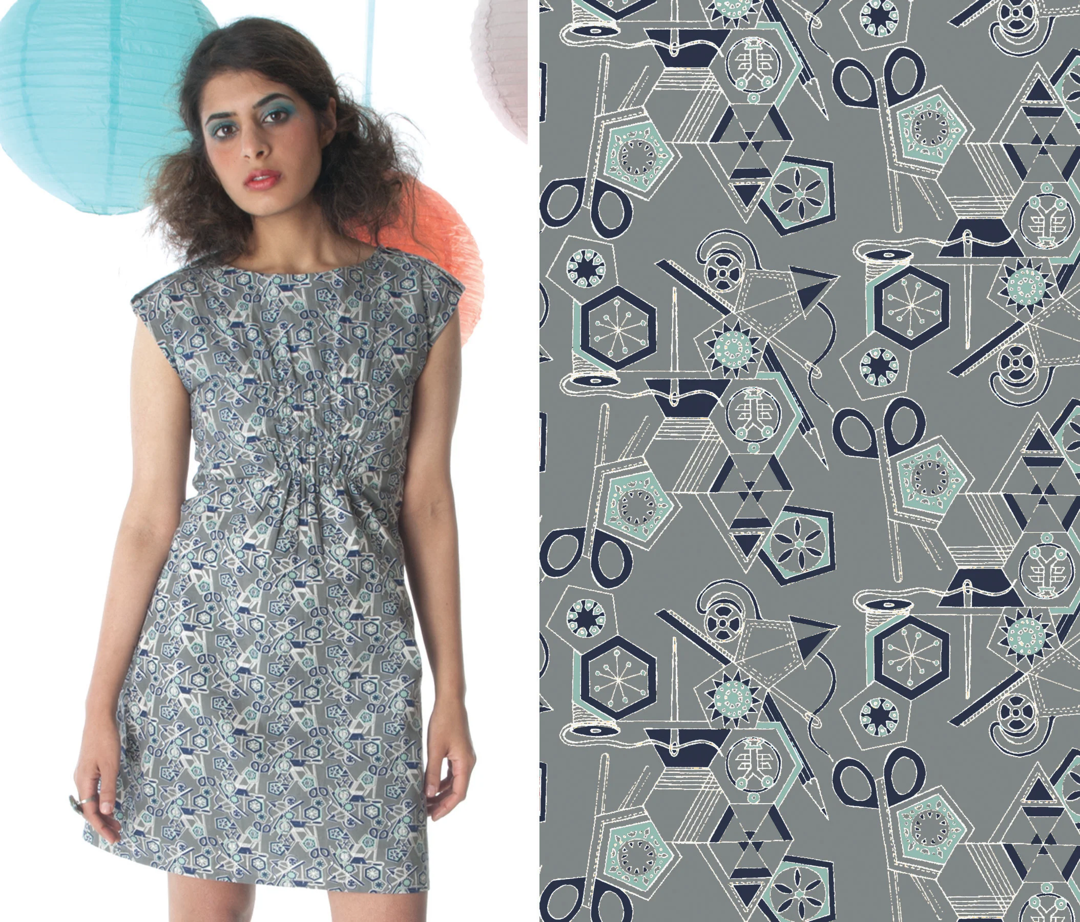 Tools of the Trade print - Textile design by Shifra Whiteman. Dress by Mata Traders.