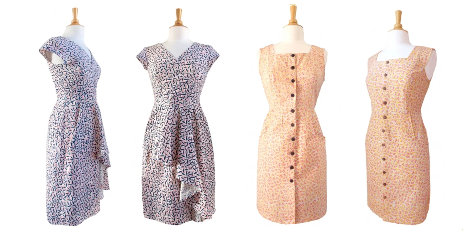Jin Ju Ruffle Dress pink/blue and Pagoda Pocket Dress yellow. Textile design by Shifra Whiteman. 