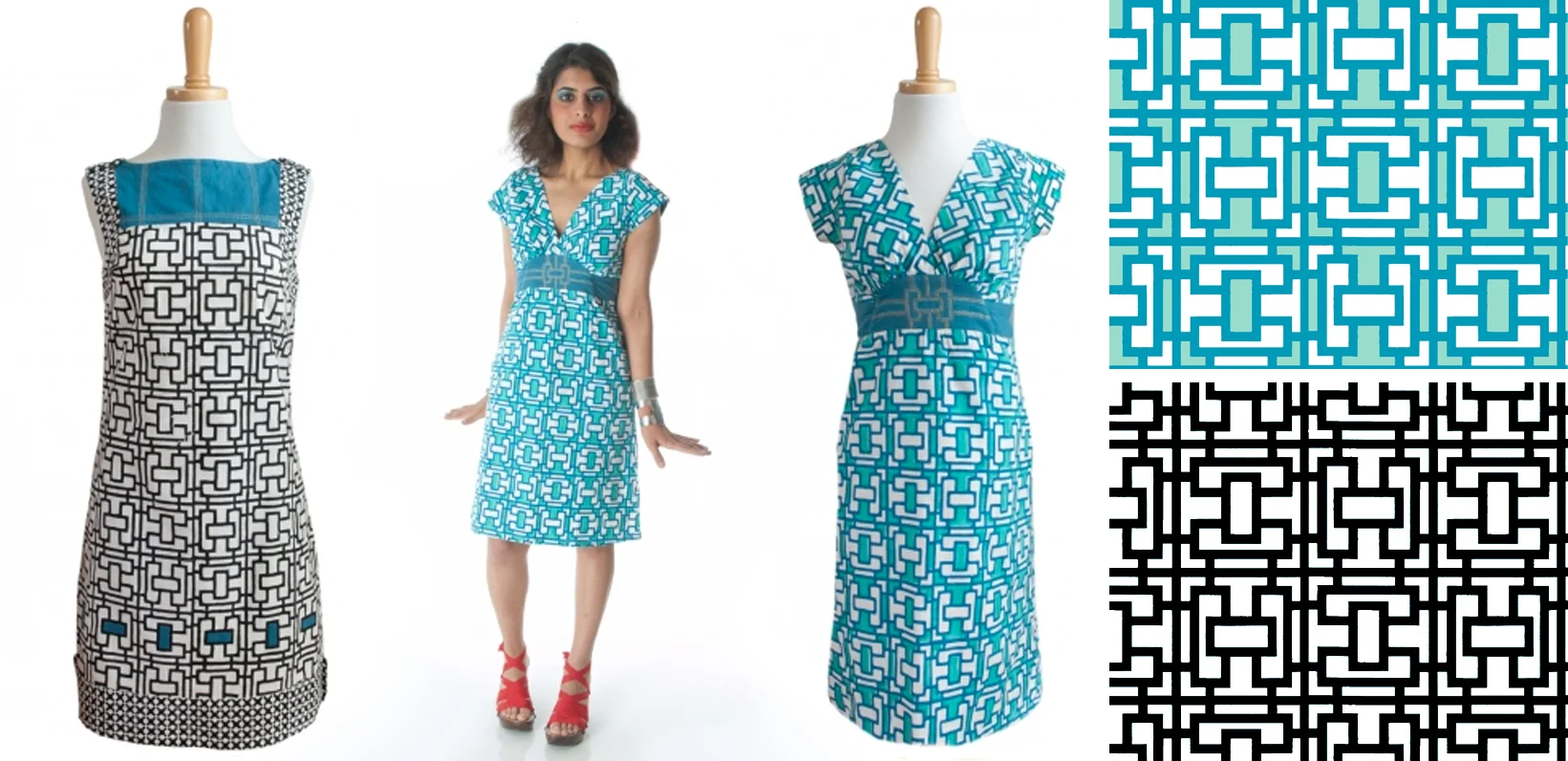 Korean Blocks print. Textile design by Shifra Whiteman. Dresses by Mata Traders.