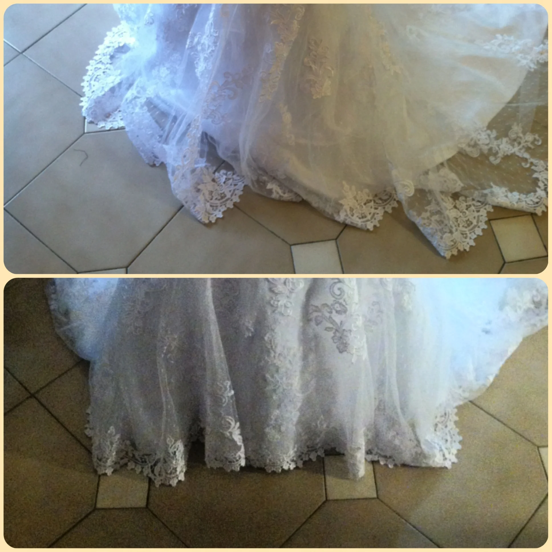 Above, before on a much too long hem on scalloped edge hem wedding gown. Below, after I got my hands on it!