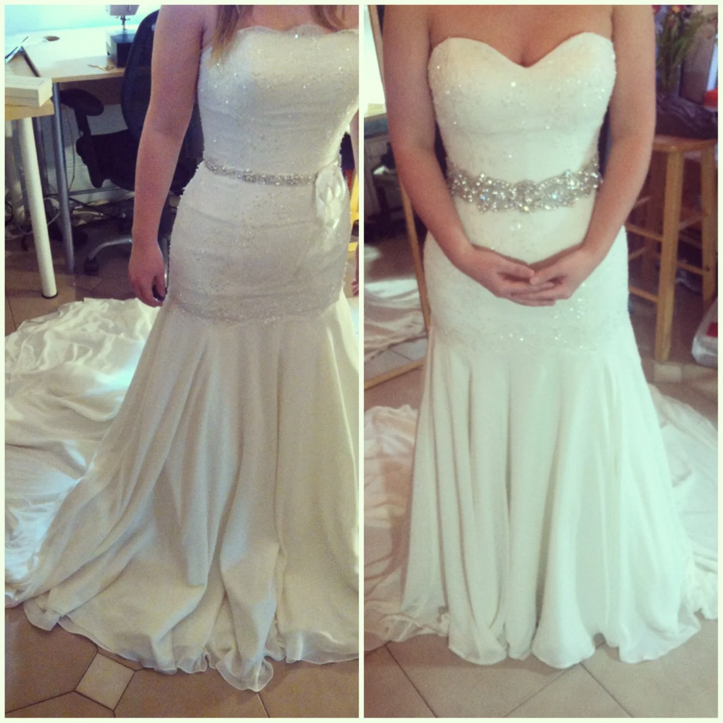 Left: Before on bias cut chiffon and sequined/lace bodice. Right: After hemming and neckline alteration