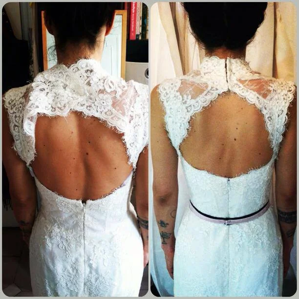 Monique Lhuillier sample. Left, before: too long & stretched out in shoulders, & too large in bust, waist, & hips. Right, after: taking up & contouring shoulders, redistributing lace, taking in body.
